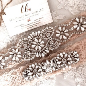Blush wedding garter set, no slip grip garter toss and keepsake. Antique white cream rhinestone lace bridal garter belt with plus size ivory