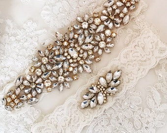 Gold wedding garter set, no slip grip ivory lace garter toss and keepsake. Antique white cream rhinestone lace bridal garter belt plus size