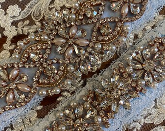 Rose Gold Blush wedding garter set, no slip grip garter toss keepsake. Antique white rhinestone lace bridal garter belt with plus size ivory
