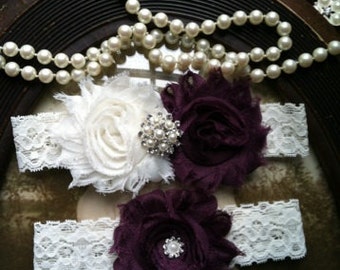 Ivory and Plum wedding garter set, no slip grip garter toss and keepsake. White shabby chic flower lace bridal garter belt, pearls plus size
