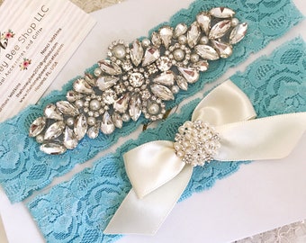 Blue wedding garter set, no slip grip garter toss keepsake. Stretch lace silver rhinestone pearl bridal garter belt satin ribbon plus size