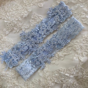 Light blue wedding garter set, no slip grip garter toss keepsake gorgeous lace bridal garter belt something blue plus size petite flat image 6