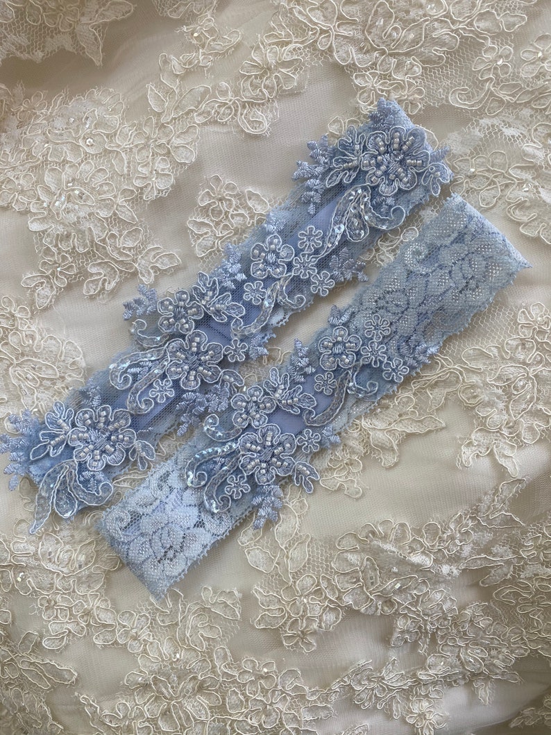 Light blue wedding garter set, no slip grip garter toss keepsake gorgeous lace bridal garter belt something blue plus size petite flat image 6