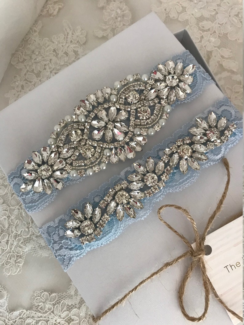 Stretch lace Ivory rhinestone bridal garter belt crystals plus size gem no slip grip garter toss and keepsake Blue Lace wedding garter set