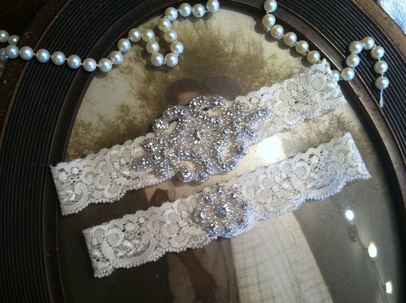 Ivory wedding garter set, no slip grip garter toss and keepsake. Antique white rhinestone lace bridal garter belt, silver bling, plus size image 1