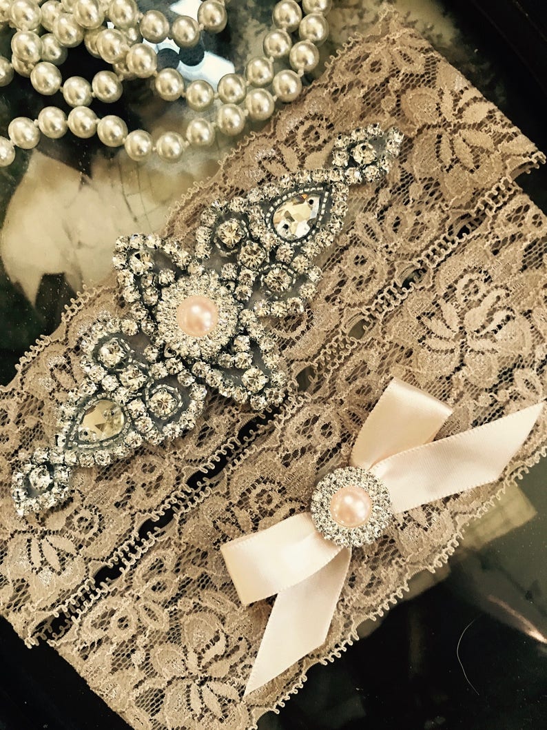 no slip grip garter toss and keepsake Champagne and Blush wedding garter set Rhinestone bridal garter satin ribbon and lace plus size belt