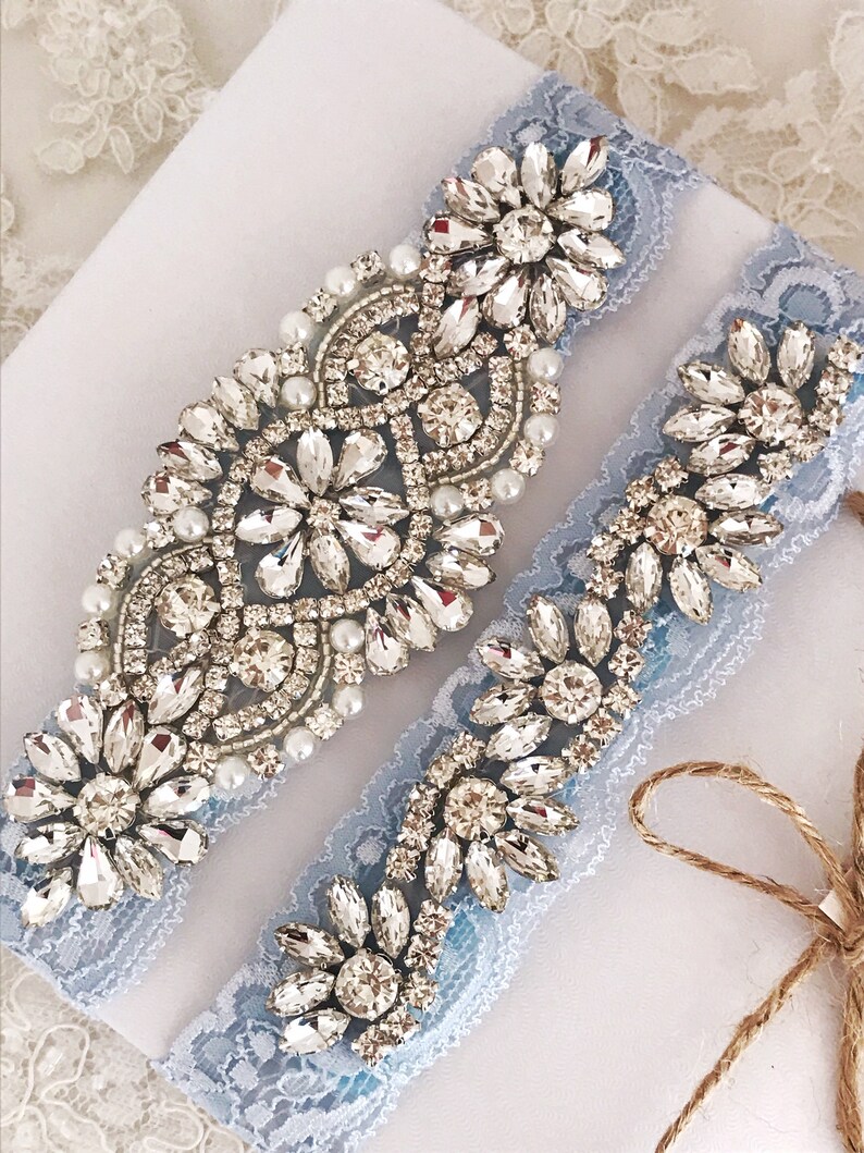 Stretch lace Ivory rhinestone bridal garter belt crystals plus size gem Blue Lace wedding garter set no slip grip garter toss and keepsake
