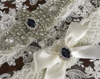 Ivory wedding garter set, no slip grip garter toss keepsake. Navy Blue ivory Antique white rhinestone lace bridal garter belt, plus size