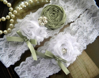 Wedding Garter - Garters - White Lace Garter Set - Ivory - Bridal Garter - Vintage Inspired Garter - Green Garter - Sage - Pearl