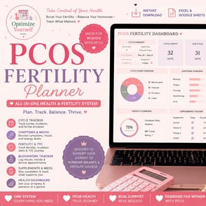 Puede incluir: Un panel digital de fertilidad para SOP mostrado en una pantalla de portátil, con gráficos en rosa y blanco, rastreadores de ciclo y registros de síntomas. El diseño incluye encabezados, una calculadora rosa y un cuaderno de espiral.