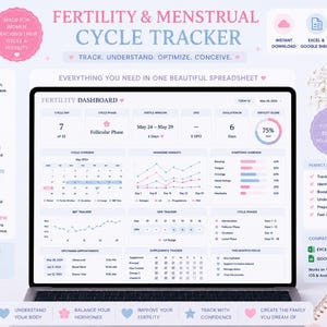 Puede incluir: Una hoja de cálculo digital para el seguimiento de la fertilidad y el ciclo menstrual en la pantalla de un portátil. El panel muestra gráficos, calendarios y herramientas para registrar síntomas, estado de ánimo, temperatura basal, suplementos y citas.