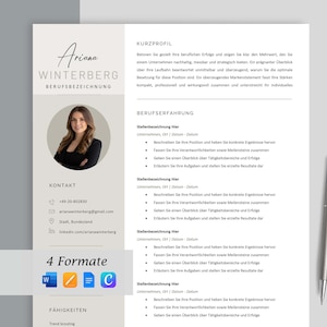 May include: A professional resume template featuring a beige sidebar with a circular headshot of a person, contact details, and the text 4 Formate. The main section includes sections for Kurzprofil and Beruferfahrung with bullet points.