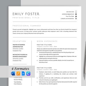 May include: A professional resume template printed on white paper with black text, featuring sections for professional summary, education, and work experience. The document includes contact details for Emily Foster and a silver pen rests beside it.