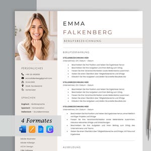 Könnte beinhalten: Eine professionelle Lebenslauf-Vorlage mit einem Porträt einer Frau, Abschnitten für persönliche Daten, Berufserfahrung und Ausbildung sowie dem Text Emma Falkenberg, Berufsbezeichnung und 4 Formates neben einem silbernen Stift.