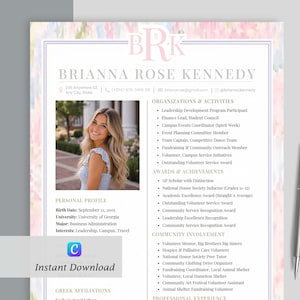 May include: A resume template featuring a soft watercolor floral border, a monogram header with the letters BRK, and a placeholder for a professional photograph. The document includes sections for personal profile, organizations, and awards.