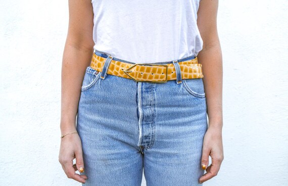 Sunshine Yellow Patent Croc Leather Waist Belt w/ Gold Hardware Buy Online Yellow Genuine Crocodile Belt Hunter - Sherrill  main image 4
