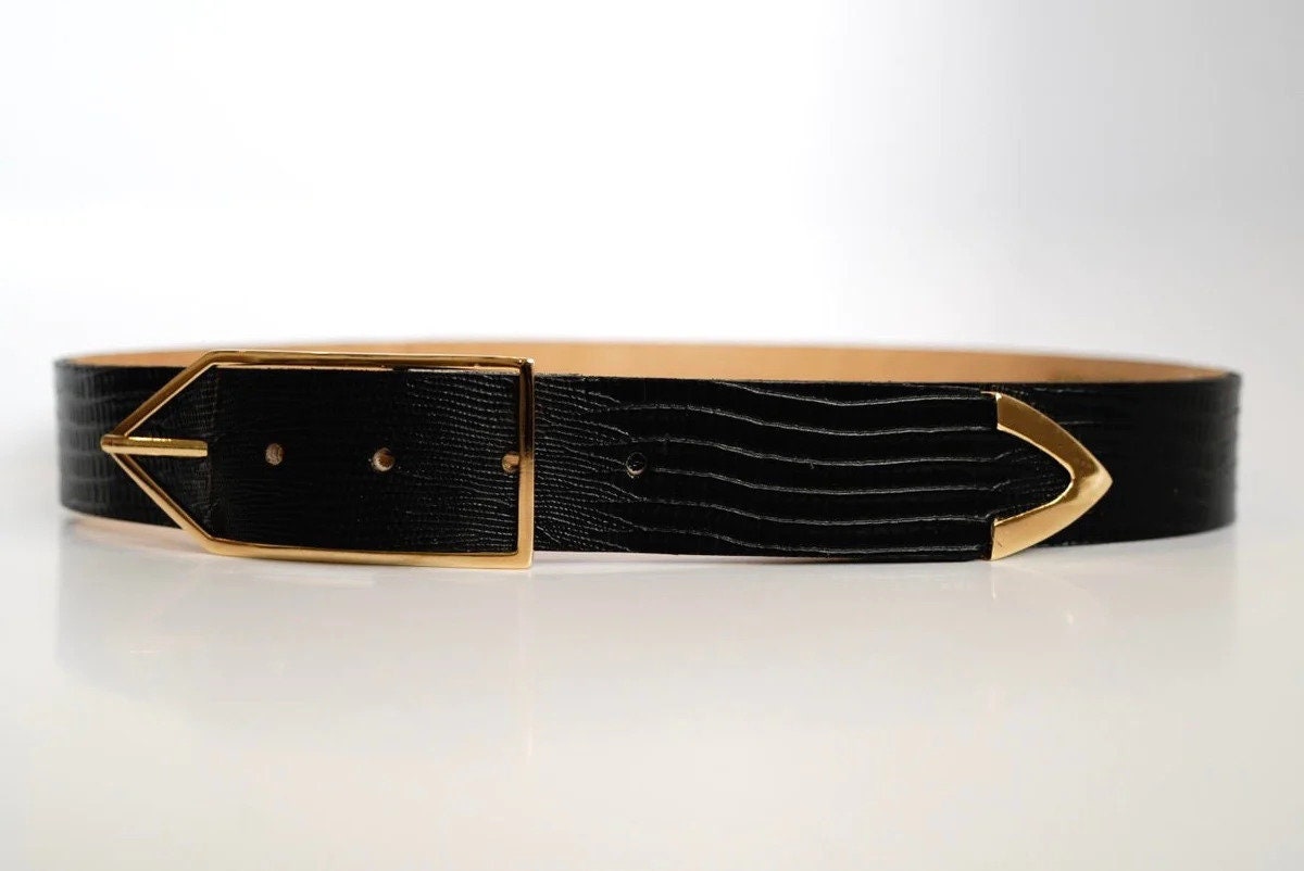 Wide Black Lizard Embossed Waist Belt Gold Crescent Buckle Size 16 Camden-Black-Lizard-Skin_-1-3-  main image 4