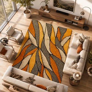 Botanical Leaf Area Rug | Burnt Orange Mustard Gold & Charcoal | Modern Tribal Living Room Carpet | Hand-Tufted Wool Style Statement Rug