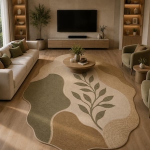 Puede incluir: Una alfombra de forma orgánica irregular con fondo color crema. El diseño incluye formas abstractas y fluidas en tonos verde oliva y beige, con un motivo botánico central de una rama con hojas y líneas texturizadas en un extremo.