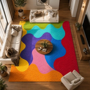 Abstract Wavy Rainbow Area Rug | Tufted Multicolor Shag Carpet | Modern Colorful Living Room Rug | Bold Geometric Home Decor Statement Rug