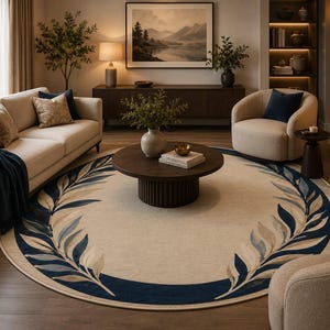 Round Area Rug Navy Blue Leaf Wreath Pattern | Cream Beige Botanical Rug | Living Room Bedroom Carpet | Modern Boho Home Decor Rug
