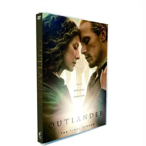 May include: A DVD case for Outlander The Final Season featuring a profile image of two people facing each other. The cover includes the text Outlander, The Final Season, and Past. Present. Forever. The case has a black spine with the title printed vertically.