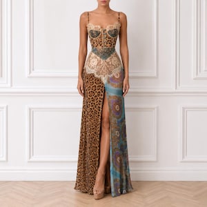 Leopard Print Lace Maxi Dress for Women – Elegant Patchwork Chiffon Gown, Sleeveless Backless Evening Dress, High Slit Formal Prom Dress