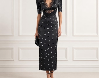 Black Lace Cutout Midi Dress for Women – Elegant Floral Print Bodycon Cocktail & Evening Party Dress
