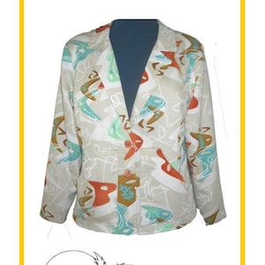May include: Franceska Blazer. A beige blazer with a colorful abstract pattern in red, teal, and brown. The blazer has a notched collar, a single button closure, and two front pockets. The text "Franceska Blazer" is at the top.