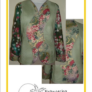 May include: A green jacket with a floral print and a gold button. The jacket has a unique design with a wavy pattern. The text "Crazy Waves" is at the top of the image. The text "Franceska Creations #127" is at the bottom of the image.