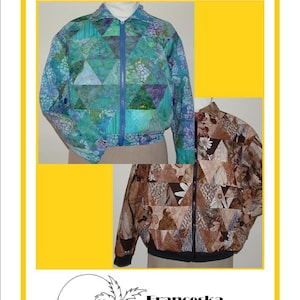 May include: The Quilted Bombshell sewing pattern by Franceska Creations, pattern number 119, shows two quilted jackets, one in blue and green and the other in brown and tan.