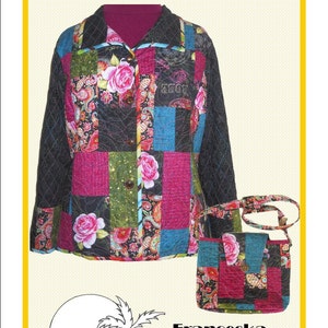 May include: A quilting pattern for a jacket and matching bag. The jacket and bag are made of patchwork fabric with floral and paisley designs in shades of pink, blue, green, and black. The pattern is called "Flower Patch Jacket & Bag" and is by Francesca Creations #203.