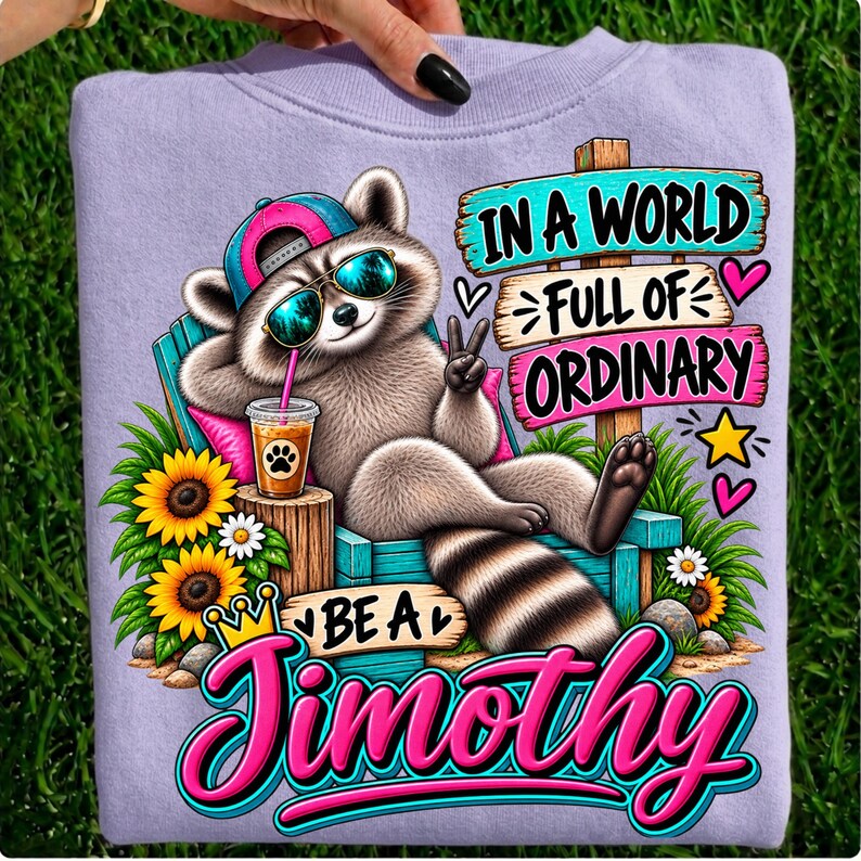 May include: A light purple sweatshirt featuring a graphic of a raccoon wearing a pink baseball cap and blue sunglasses, lounging in a chair with a drink. The text reads, In a world full of ordinary be a Timothy, surrounded by sunflowers.