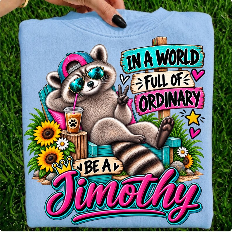 May include: A light blue sweatshirt featuring a graphic of a raccoon wearing a pink cap and sunglasses, lounging in a chair with a drink. The text reads: IN A WORLD FULL OF ORDINARY BE A Timothy. Sunflowers and wooden signs surround the raccoon.
