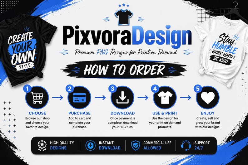 May include: A digital instructional graphic for PixvoraDesign featuring a black t-shirt with blue text and a white t-shirt with black and blue text. The image outlines a five-step process: choose, purchase, download, use and print, and enjoy.