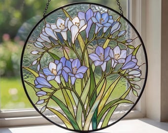 Paarse Freesia Glas-in-lood Raamhanger | Bloemen Raamdecoratie | Decoratie voor Botanische Tuin | Cadeau voor Plantenliefhebbers | Lente Bloemen Raamhanger