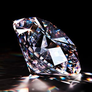 Può includere: Una gemma di diamante sfaccettata e trasparente con taglio a brillante, che riflette una luce bianca intensa e proietta rifrazioni prismatiche color arcobaleno sulla superficie scura. La pietra presenta bordi geometrici netti.