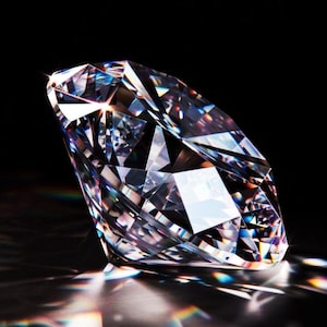 Könnte beinhalten: Ein facettierter, klarer, farbloser Edelstein im Brillantschliff mit scharfen geometrischen Kanten und innerer Lichtbrechung. Der Stein zeigt intensive weiße Glanzlichter und eine subtile regenbogenfarbene Lichtstreuung über seine vielen Oberflächen.
