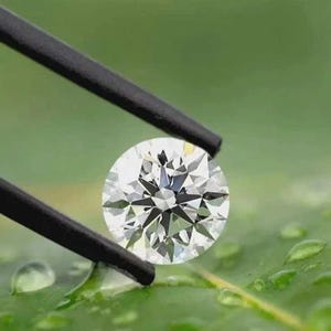 Könnte beinhalten: Ein runder, im Brillantschliff gehaltener, klarer Edelstein, der von einer schwarzen Metallpinzette gehalten wird. Der Stein weist zahlreiche dreieckige und rautenförmige Facetten auf, die das Licht reflektieren und ein helles, funkelndes Aussehen erzeugen.
