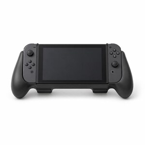 May include: A black handheld gaming console featuring a central rectangular screen flanked by integrated controllers. The left side includes a joystick and directional pad, while the right side features four action buttons and a joystick.