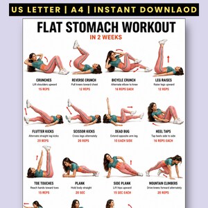 Può includere: Una tabella di allenamento digitale intitolata Flat Stomach Workout in 2 Weeks, che presenta dodici illustrazioni di una persona che esegue esercizi addominali come crunch, sollevamenti delle gambe e plank, con istruzioni e conteggio delle ripetizioni.