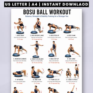 Könnte beinhalten: Ein Bosu-Ball-Trainingsposter mit zwölf nummerierten Übungsillustrationen und Anleitungen. Der Text enthält US LETTER | A4 | INSTANT DOWNLAOD, BOSU BALL WORKOUT, Balance, Strength & Stability Training for a Stronger You sowie spezifische Übungsnamen und Wiederholungszahlen.