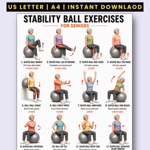 May include: A digital poster titled STABILITY BALL EXERCISES FOR SENIORS featuring twelve illustrations of a person performing various movements on a grey stability ball. Each exercise includes a numbered label, descriptive text, and rep counts.