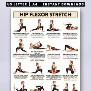 May include: A digital instructional poster titled HIP FLEXOR STRETCH featuring twelve illustrations of a person in dark green athletic wear demonstrating various stretches with red highlights on the hips and descriptive text instructions.