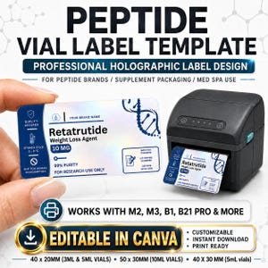 100 modèles d'étiquettes de peptides modifiables, rétatrutide, étiquette autocollante pour flacon de peptide, modèles de base d'étiquettes Niimbot personnalisées, étiquettes de peptides imprimables