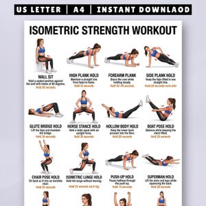 May include: An instructional poster titled ISOMETRIC STRENGTH WORKOUT featuring illustrations of twelve exercises including wall sit, high plank, forearm plank, side plank, glute bridge, horse stance, hollow body, boat pose, chair pose, lunge, push-up, and superman.