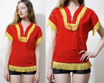 70s Vintage FRINGE TOP Scouts Gold / Yellow Tassel Red Cotton Fringed Tunic Lace-up Chest Collar Blouse Shirt Boho Hippie Retro 1970s vtg XS