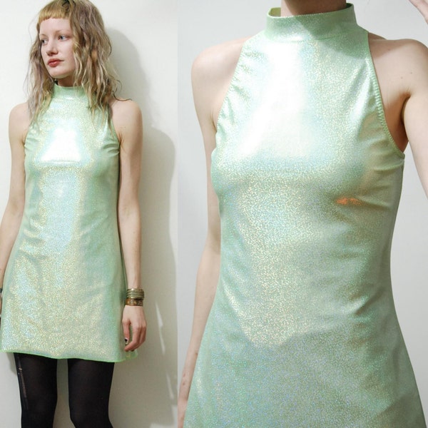 90s Vintage HOLOGRAM Mini Dress LIME GREEN Cyber Rave Club Kid 1990s vtg Shiny Sparkly Metallic xs