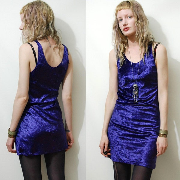 90s Vintage CRUSHED VELVET DRESS Mini Purple Grunge 1990s Vtg xxs xs