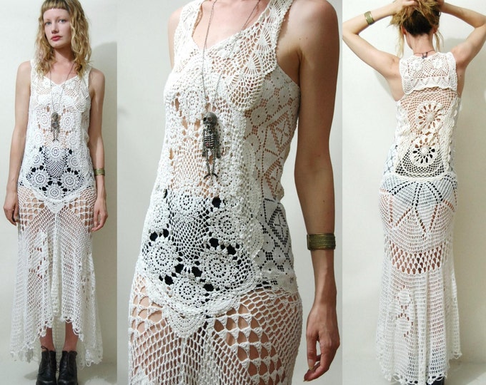 Crochet Dress VINTAGE Full LACE White Fishtail/train Bohemian Hippie ...